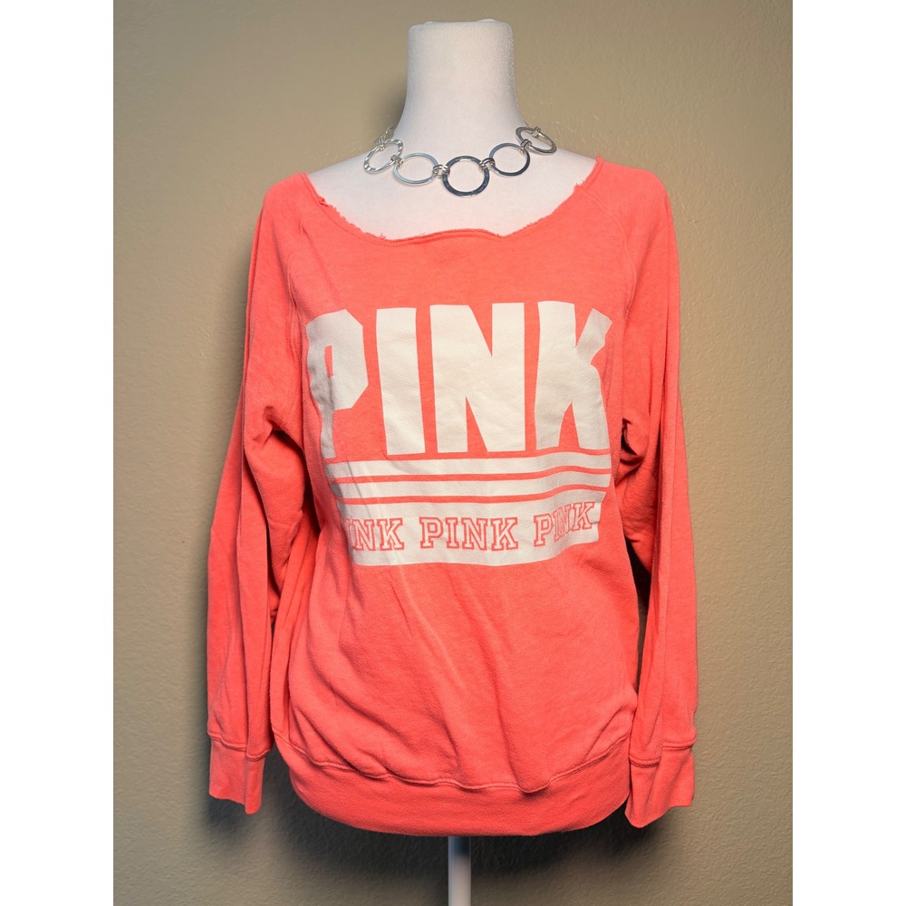 Victoria Secret PINK Sweatshirt Neon Coral Raw Neck Logo Pullover Small #9